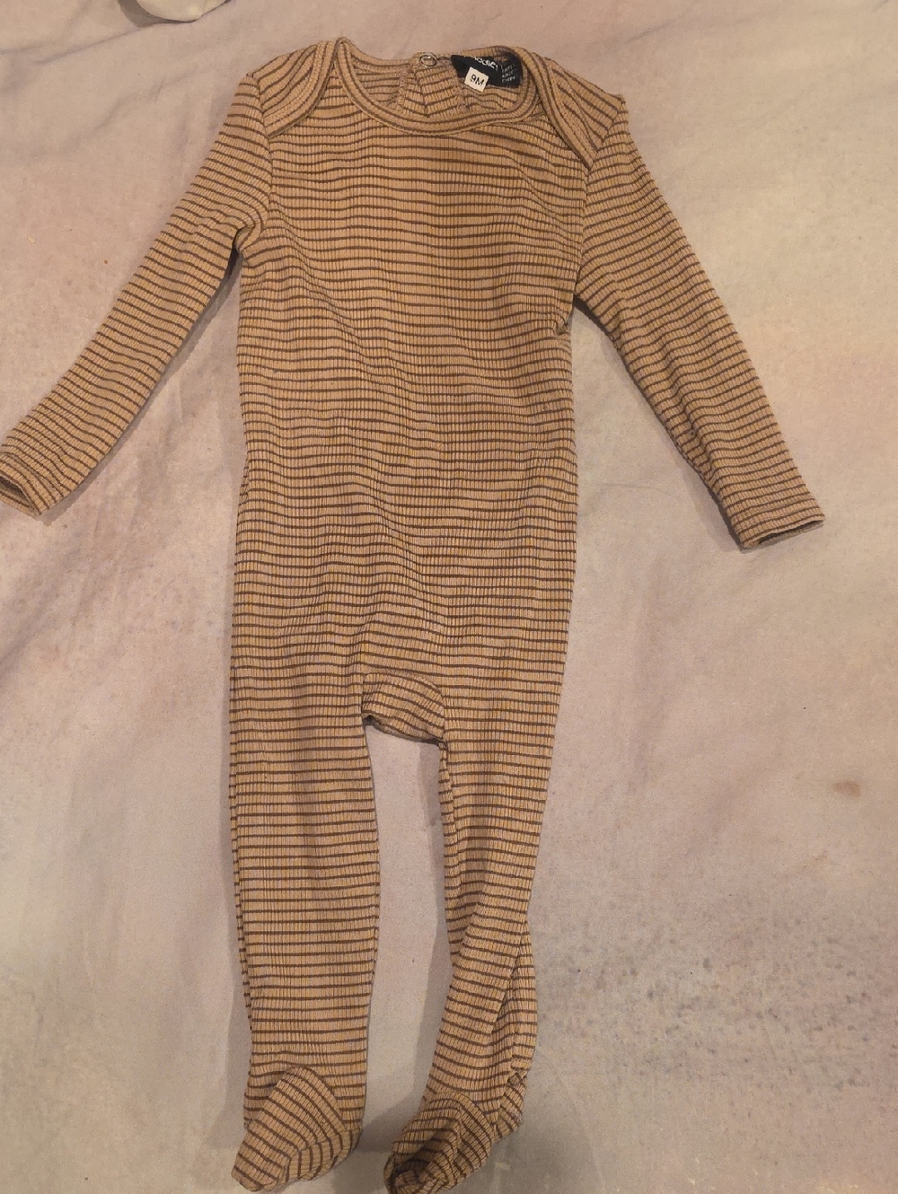 Soft Ribbed Tan Striped Baby One-Piece Footed Romper